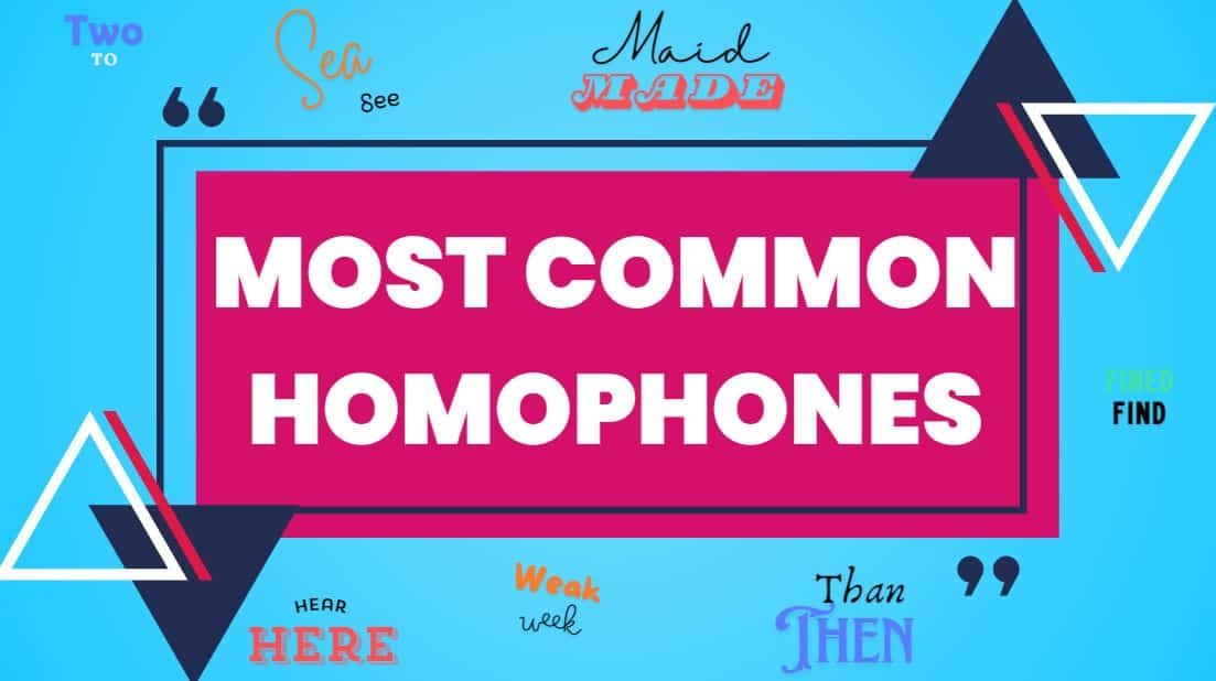 Banner featuring the title 'most common homophones' with example homophones displayed around the title.