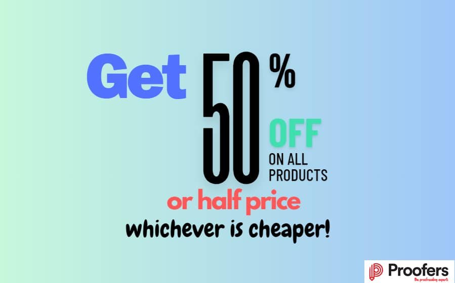 Banner featuring a playful joke: 'Get 50% off or half price, whichever is cheaper'